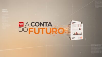 Logotipo da CNN Brasil com o título A Conta do Futuro ao lado de gráfico e relatório em ilustração da série