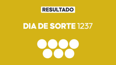 Arte gráfica com fundo amarelo, faixa branca com a palavra Resultado, texto Dia de Sorte 1237 em branco e sete círculos brancos abaixo representando dezenas do sorteio