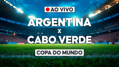 Arte com estádio iluminado e texto ao vivo Argentina x Cabo Verde Copa do Mundo