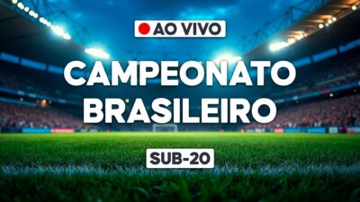 Arte com estádio de futebol iluminado ao fundo e os textos ao vivo, Campeonato Brasileiro e Sub-20 em destaque no centro