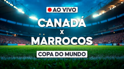 Arte com estádio iluminado ao fundo e os dizeres ao vivo, Canadá x Marrocos e Copa do Mundo