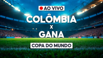 Arte com estádio iluminado e texto ao vivo Colômbia x Gana Copa do Mundo