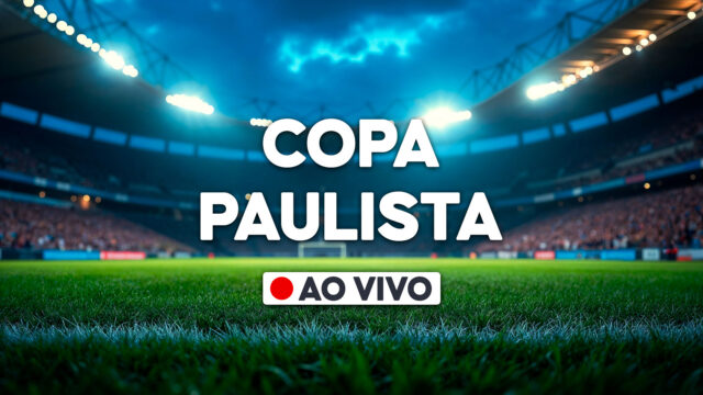 Arte da Copa Paulista mostra estádio de futebol iluminado com gramado em destaque e texto Copa Paulista ao vivo no centro