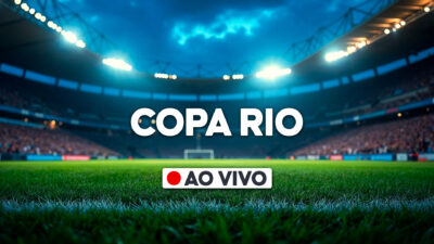 Arte da Copa Rio ao vivo com campo de futebol iluminado e estádio ao fundo
