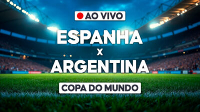Arte com Espanha x Argentina e selo ao vivo sobre estádio para transmissão da Copa do Mundo