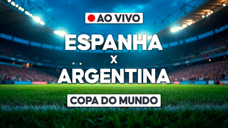 Arte com Espanha x Argentina e selo ao vivo sobre estádio para transmissão da Copa do Mundo