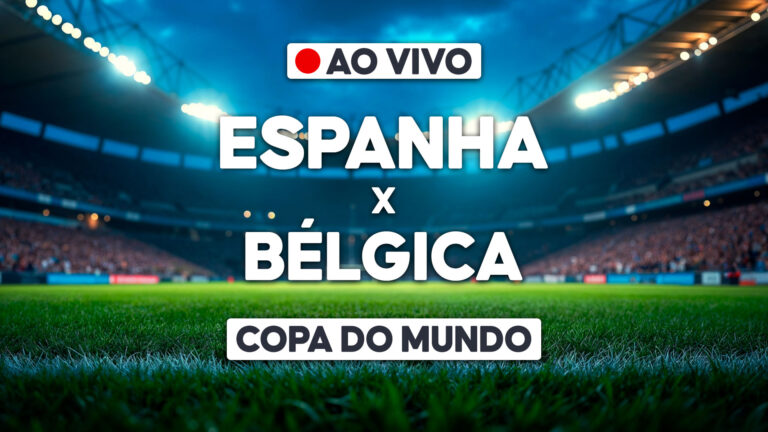 Arte com Espanha x Bélgica e selo ao vivo sobre estádio para transmissão da Copa do Mundo