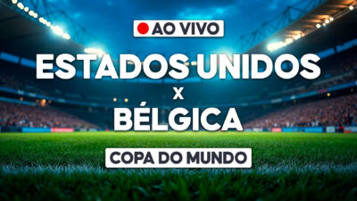 Arte com Estados Unidos x Bélgica e selo ao vivo sobre estádio para transmissão da Copa do Mundo