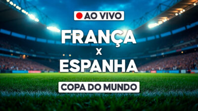Arte com França x Espanha e selo ao vivo sobre estádio para transmissão da Copa do Mundo