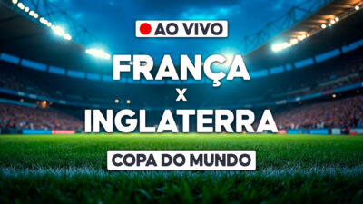 Arte com França x Inglaterra e selo ao vivo sobre estádio para transmissão da Copa do Mundo