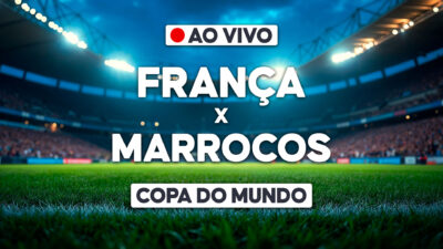 Arte com França x Marrocos e selo ao vivo sobre estádio para transmissão da Copa do Mundo