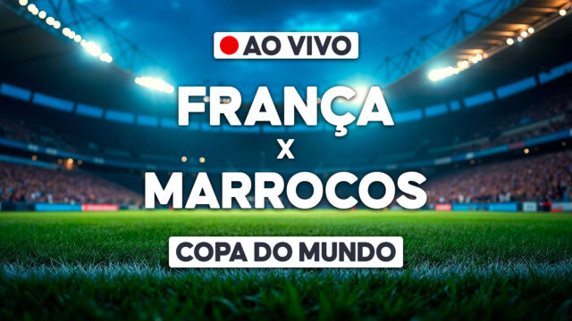 Arte com França x Marrocos e selo ao vivo sobre estádio para transmissão da Copa do Mundo