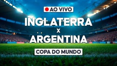 Arte com Inglaterra x Argentina e selo ao vivo sobre estádio para transmissão da Copa do Mundo