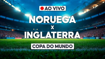 Arte com Noruega x Inglaterra e selo ao vivo sobre estádio para transmissão da Copa do Mundo