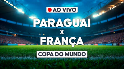Arte com estádio iluminado ao fundo e os dizeres ao vivo, Paraguai x França e Copa do Mundo