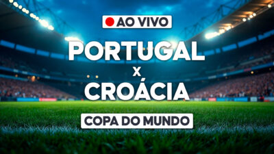 Arte de transmissão ao vivo da Copa do Mundo com estádio iluminado e chamada para Portugal x Croácia