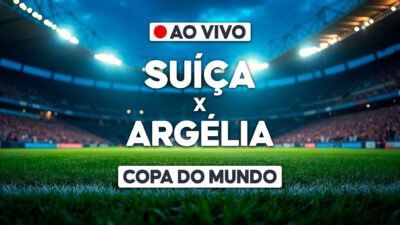Arte com estádio iluminado e texto ao vivo Suíça x Argélia Copa do Mundo