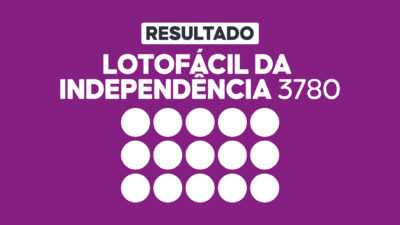 Arte gráfica com fundo roxo, faixa branca com a palavra Resultado, texto Lotofácil da Independência 3780 em branco e grade com 15 círculos brancos representando dezenas do sorteio