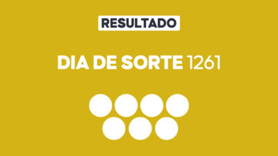 Arte gráfica com fundo amarelo, faixa branca com a palavra Resultado, texto Dia de Sorte 1261 em branco e sete círculos brancos abaixo representando dezenas do sorteio