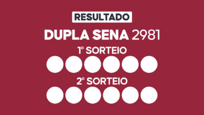 Arte com fundo vinho exibe Resultado Dupla Sena 2981 com primeiro e segundo sorteio e doze círculos brancos