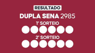 Arte com fundo vinho exibe Resultado Dupla Sena 2985 com primeiro e segundo sorteio e doze círculos brancos