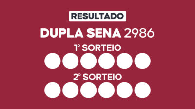 Arte com fundo vinho exibe Resultado Dupla Sena 2986 com primeiro e segundo sorteio e doze círculos brancos