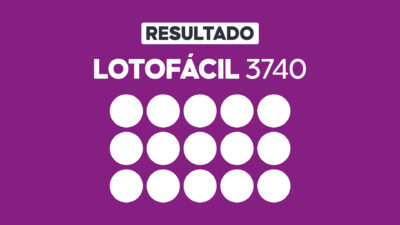 Arte gráfica com fundo roxo, faixa branca com a palavra Resultado, texto Lotofácil 3740 em branco e grade com 15 círculos brancos representando dezenas do sorteio