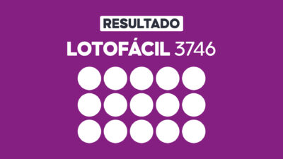 Arte gráfica com fundo roxo, faixa branca com a palavra Resultado, texto Lotofácil 3746 em branco e grade com 15 círculos brancos representando dezenas do sorteio