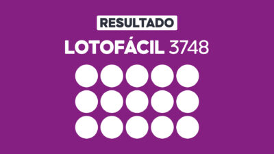 Arte gráfica com fundo roxo, faixa branca com a palavra Resultado, texto Lotofácil 3748 em branco e grade com 15 círculos brancos representando dezenas do sorteio