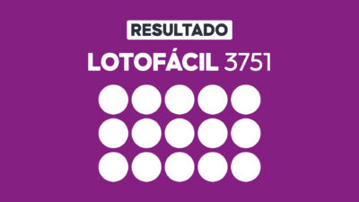 Arte gráfica com fundo roxo, faixa branca com a palavra Resultado, texto Lotofácil 3751 em branco e grade com 15 círculos brancos representando dezenas do sorteio