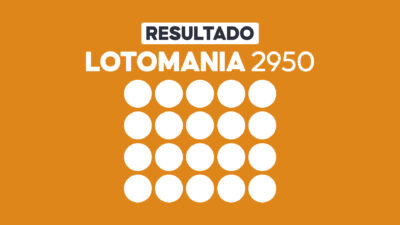 Arte com fundo laranja exibe Resultado Lotomania 2950 e vinte círculos brancos para os números sorteados