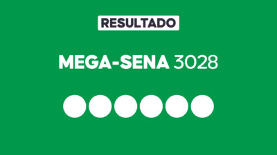 Arte gráfica com fundo verde, faixa branca com a palavra Resultado, texto Mega-Sena 3028 em branco e seis círculos brancos alinhados representando dezenas do sorteio