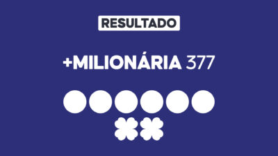 Arte gráfica com fundo azul, faixa branca com a palavra Resultado, texto +Milionária 377 em branco, seis círculos brancos e dois símbolos de trevo abaixo representando dezenas e trevos do sorteio