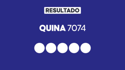 Arte gráfica com fundo azul, faixa branca com a palavra Resultado, texto Quina 7074 em branco e cinco círculos brancos alinhados representando dezenas do sorteio