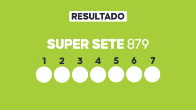 Arte com fundo verde-claro exibe Resultado Super Sete 879 e sete círculos brancos numerados de 1 a 7 para os resultados sorteados