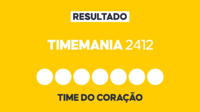 Arte gráfica com fundo amarelo, faixa branca com a palavra Resultado, texto Timemania 2412 em branco, sete círculos brancos e a inscrição Time do Coração na parte inferior representando dezenas e campo adicional do sorteio