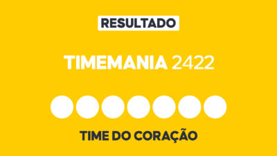Arte gráfica com fundo amarelo, faixa branca com a palavra Resultado, texto Timemania 2422 em branco, sete círculos brancos e a inscrição Time do Coração na parte inferior representando dezenas e campo adicional do sorteio