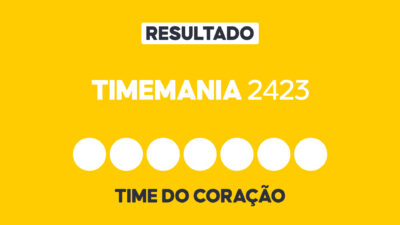 Arte gráfica com fundo amarelo, faixa branca com a palavra Resultado, texto Timemania 2423 em branco, sete círculos brancos e a inscrição Time do Coração na parte inferior representando dezenas e campo adicional do sorteio