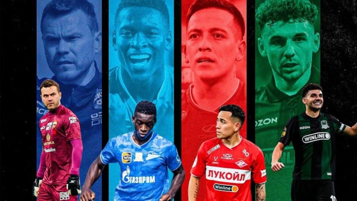Montagem com quatro jogadores de futebol em uniformes de clubes da Russian Premier Liga sobre fundo com retratos coloridos dos atletas