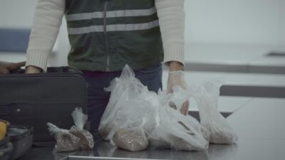 Agente com luvas organiza sacos plásticos com materiais ao lado de malas em Aeroporto: Área Restrita