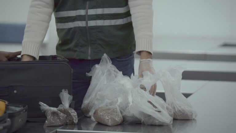 Agente com luvas organiza sacos plásticos com materiais ao lado de malas em Aeroporto: Área Restrita