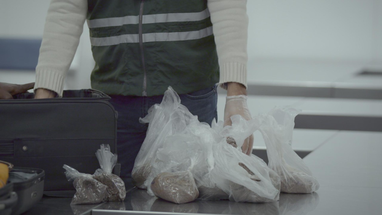 Agente com luvas organiza sacos plásticos com materiais ao lado de malas em Aeroporto: Área Restrita