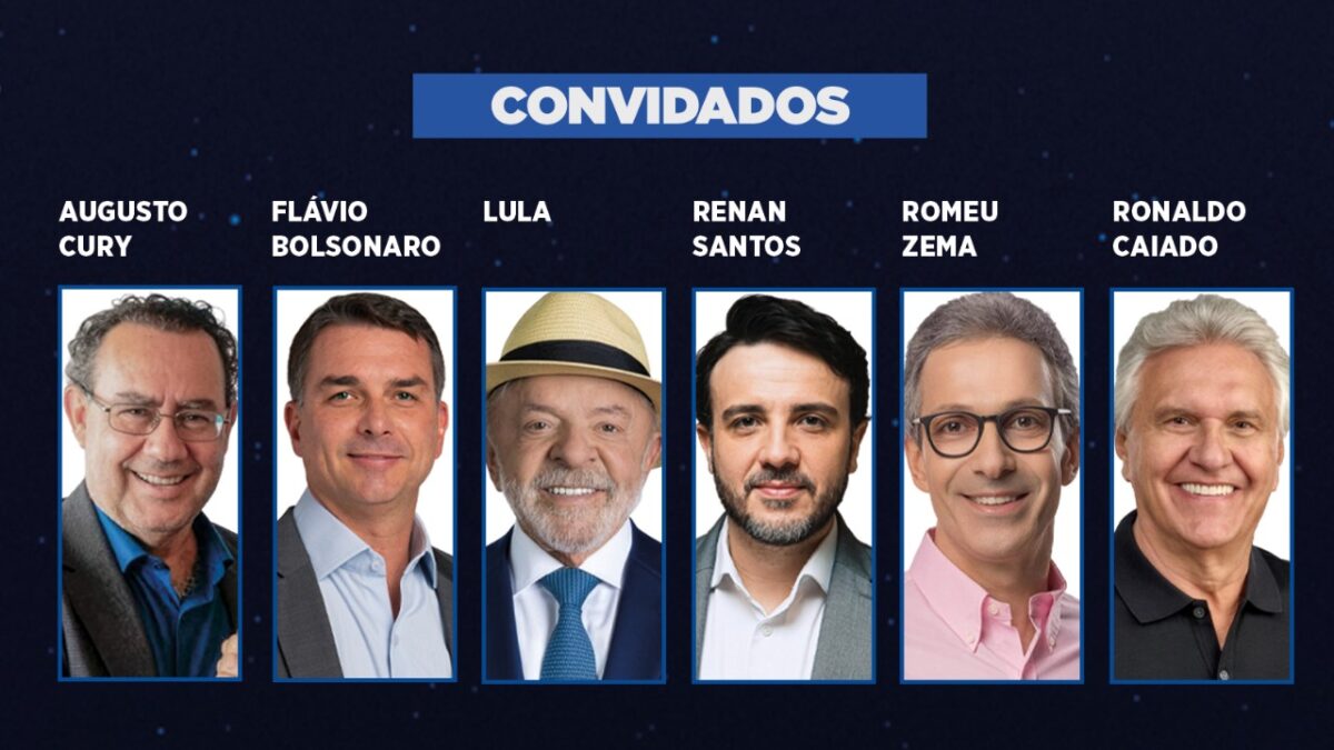 Retratos de Augusto Cury, Flávio Bolsonaro, Lula, Renan Santos, Romeu Zema e Ronaldo Caiado em quadro de convidados