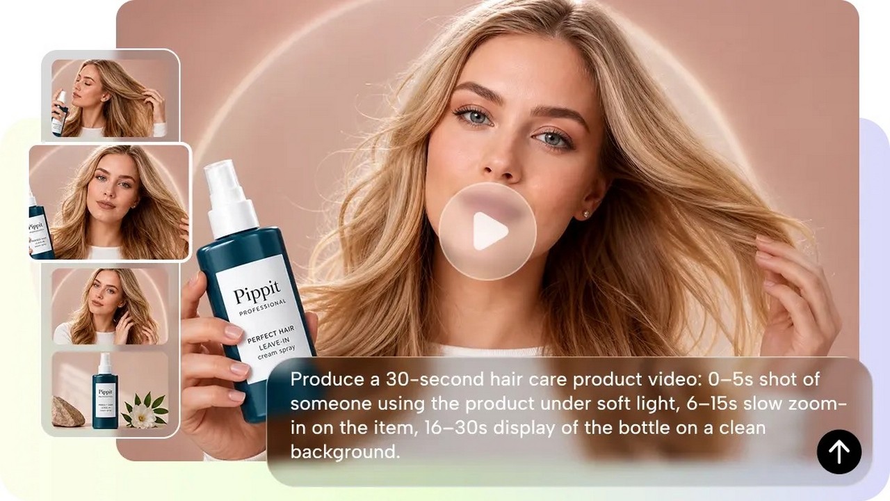 Mulher loira segura spray Pippit para cabelo em interface de criação de vídeo com cenas do produto e comando em inglês