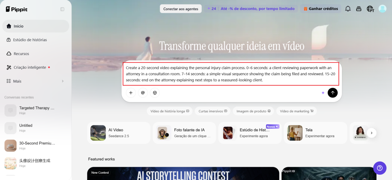 Interface do Pippit com campo de comando em inglês para gerar vídeo por IA e menu de ferramentas de criação à esquerda