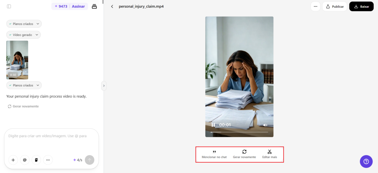 Interface do Pippit exibe vídeo gerado por IA com mulher diante de documentos e opções para gerar novamente ou editar mais