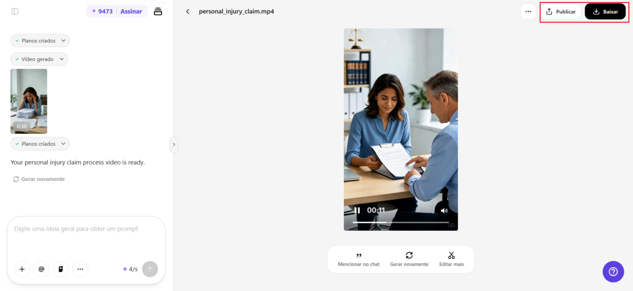 Interface do Pippit exibe vídeo gerado por IA com mulher e homem analisando documento e botões Publicar e Baixar destacados