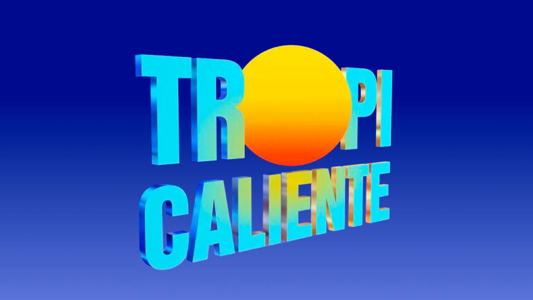 Logotipo da novela Tropicaliente em letras coloridas 3D com sol amarelo e laranja sobre fundo azul