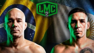 Marlon Moraes e Maximiliano Perez sem camisa diante das bandeiras do Brasil e da Argentina com logo do LMC 2