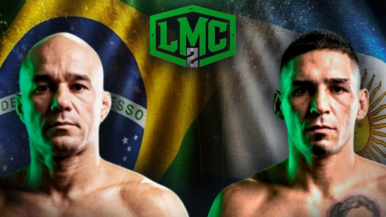 Marlon Moraes e Maximiliano Perez sem camisa diante das bandeiras do Brasil e da Argentina com logo do LMC 2
